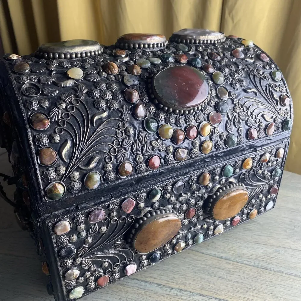 Vintage Moroccan Indian Wedding Jewelry Chest Box Dome Top Mixed Stones